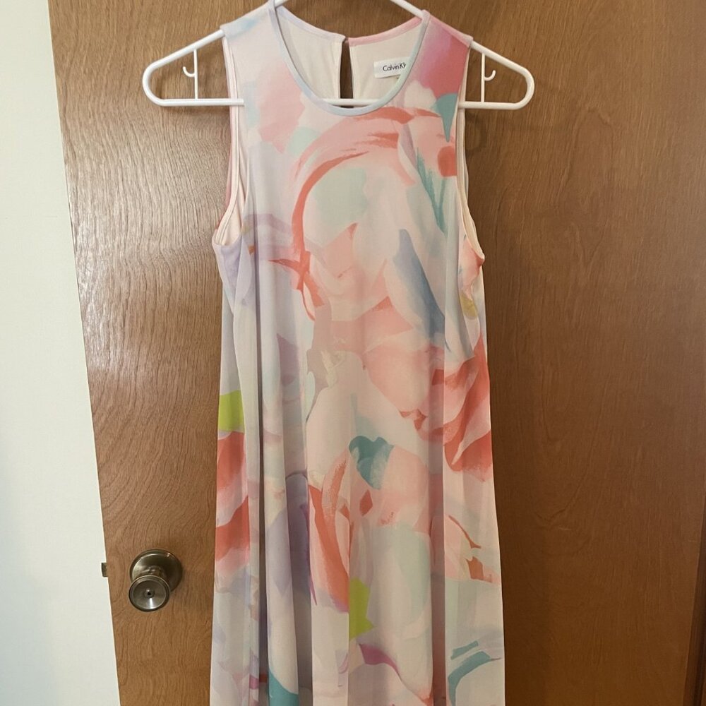 Calvin Klein Womens Shift Dress Size 2 Lined White Multicolor Floral Sleeveless - Picture 3 of 7